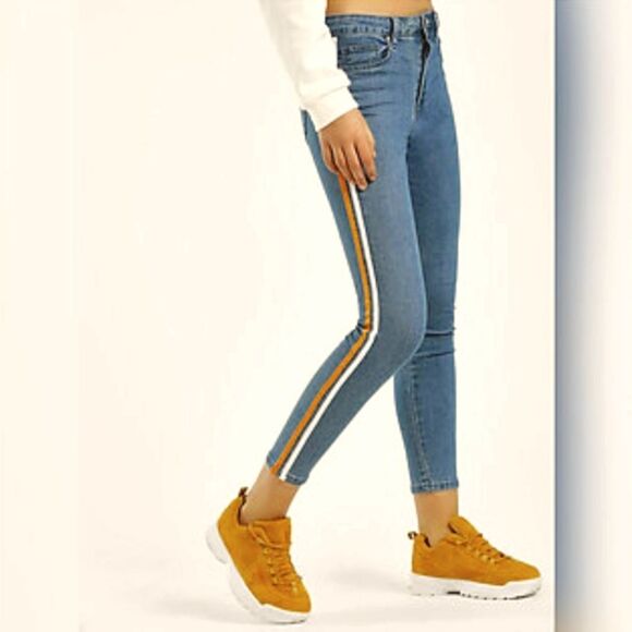 Pacsun High Rise Ankle Jegging Contrast Stripe Racing Tapered Leg Jeans Size 25 - Picture 1 of 11